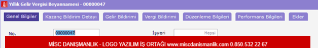 Yıllık gelir vergisi beyannamesi 7 bölümden oluşmaktadır; Genel Bilgiler, Kazanç Bildirim Detayı, Gelir Bildirimi, Vergi Bildirimi, Düzenleme Bilgileri, Performans Bilgileri ve Ekler.