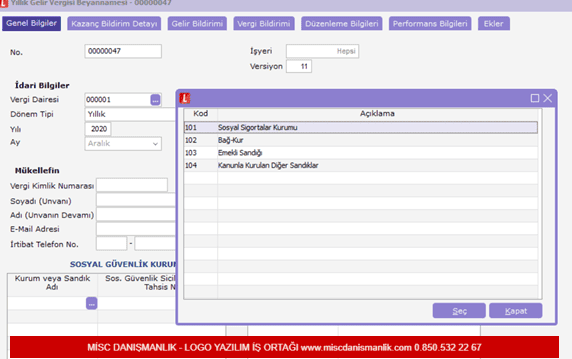 Yıllık gelir vergisi beyannamesi 7 bölümden oluşmaktadır; Genel Bilgiler, Kazanç Bildirim Detayı, Gelir Bildirimi, Vergi Bildirimi, Düzenleme Bilgileri, Performans Bilgileri ve Ekler.