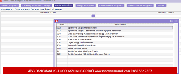 Yıllık gelir vergisi beyannamesi 7 bölümden oluşmaktadır; Genel Bilgiler, Kazanç Bildirim Detayı, Gelir Bildirimi, Vergi Bildirimi, Düzenleme Bilgileri, Performans Bilgileri ve Ekler.