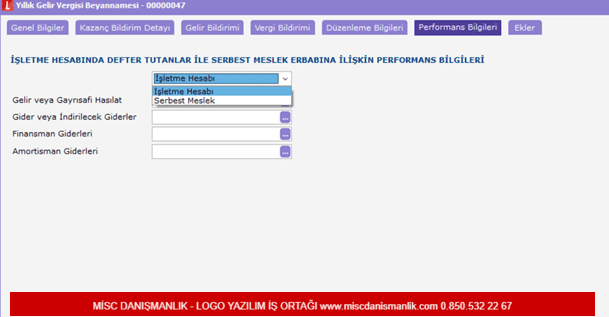 Yıllık gelir vergisi beyannamesi 7 bölümden oluşmaktadır; Genel Bilgiler, Kazanç Bildirim Detayı, Gelir Bildirimi, Vergi Bildirimi, Düzenleme Bilgileri, Performans Bilgileri ve Ekler.